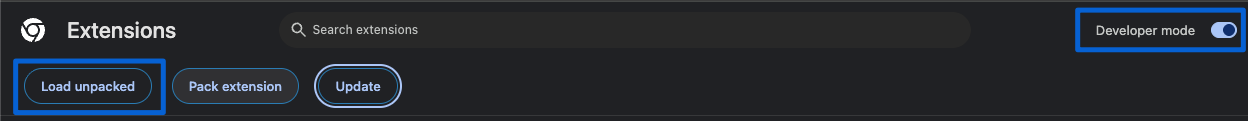 Chrome extensions page with Developer mode toggle highlighted