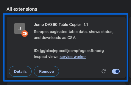 Loaded Jump Table Copier extension in Chrome extensions page