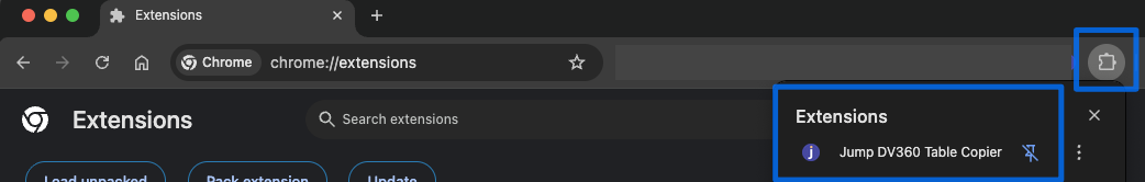 Pinning Jump Table Copier from Chrome extensions menu